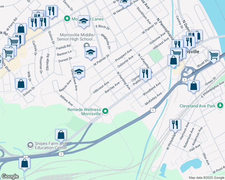 map of restaurants, bars, coffee shops, grocery stores, and more near 140 Cox Avenue in Morrisville