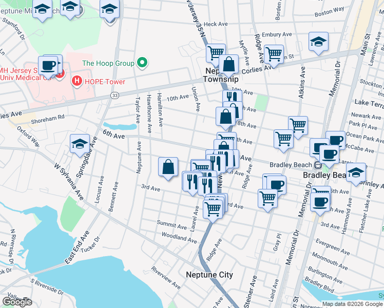 map of restaurants, bars, coffee shops, grocery stores, and more near 1428 6th Avenue in Neptune City