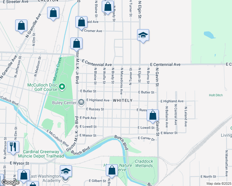 map of restaurants, bars, coffee shops, grocery stores, and more near 1525 East Butler Street in Muncie
