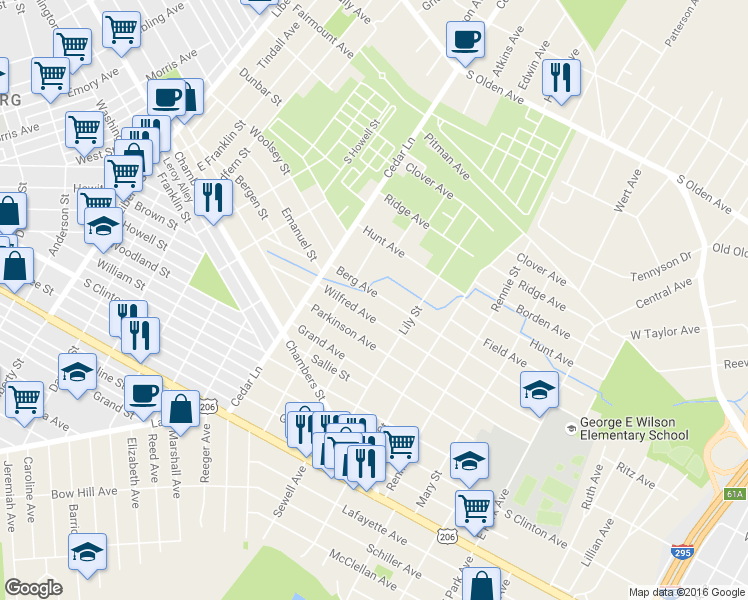 map of restaurants, bars, coffee shops, grocery stores, and more near 139 Berg Avenue in Trenton