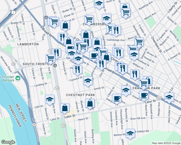 map of restaurants, bars, coffee shops, grocery stores, and more near 251 Grand Street in Trenton