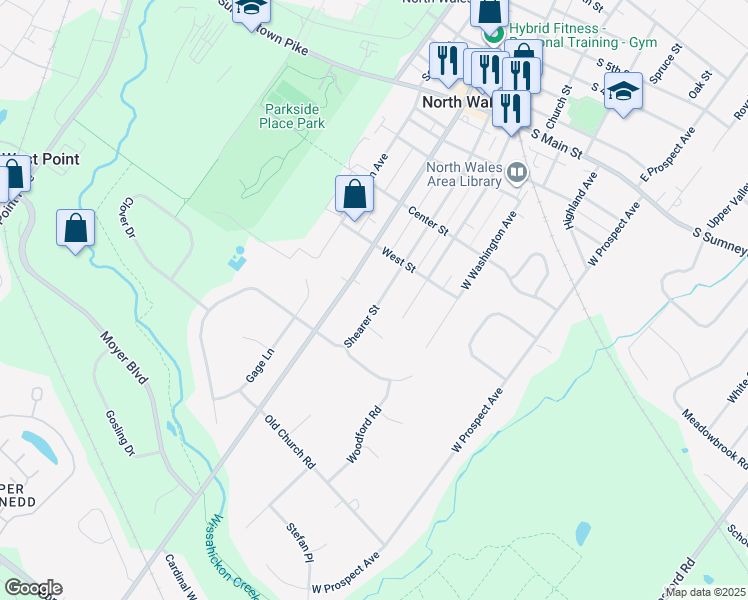map of restaurants, bars, coffee shops, grocery stores, and more near 540 Shearer Street in North Wales