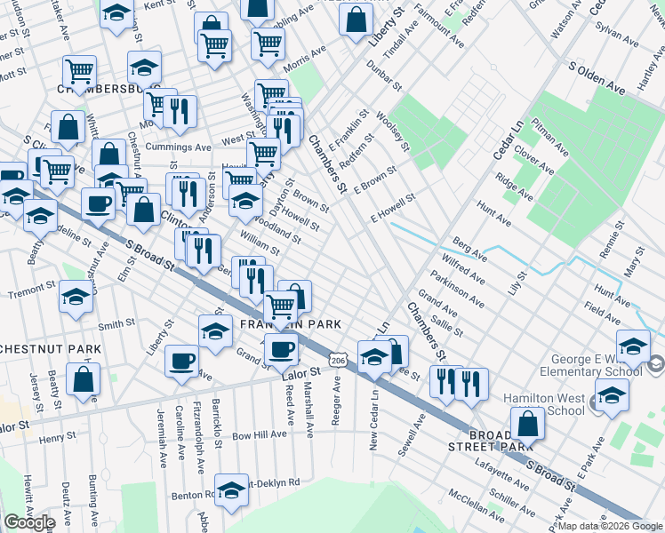 map of restaurants, bars, coffee shops, grocery stores, and more near 633 Woodland Street in Trenton
