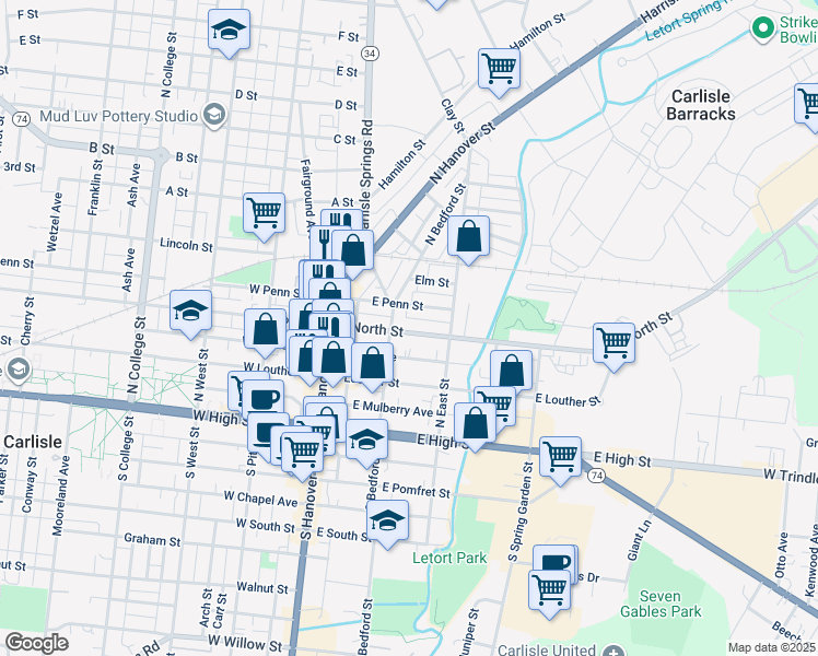 map of restaurants, bars, coffee shops, grocery stores, and more near 123 East North Street in Carlisle