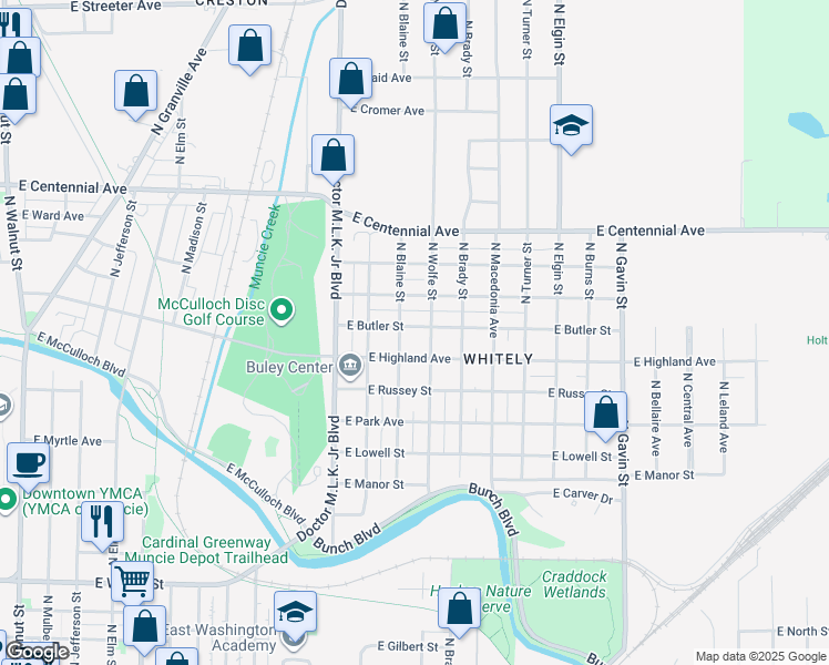 map of restaurants, bars, coffee shops, grocery stores, and more near 1407 East Butler Street in Muncie