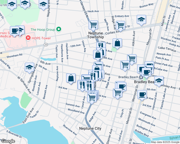 map of restaurants, bars, coffee shops, grocery stores, and more near 1412 6th Avenue in Neptune City