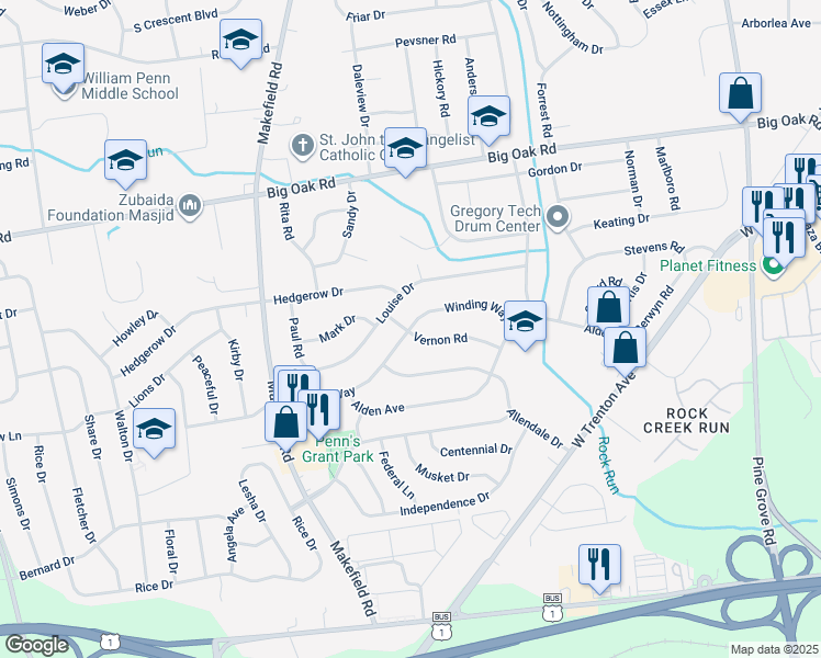 map of restaurants, bars, coffee shops, grocery stores, and more near 203 Winding Way in Morrisville