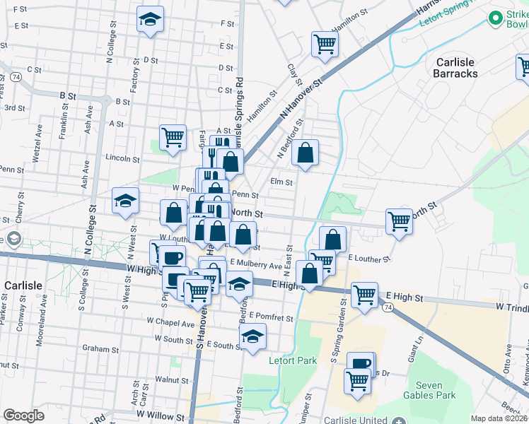 map of restaurants, bars, coffee shops, grocery stores, and more near 123 East North Street in Carlisle