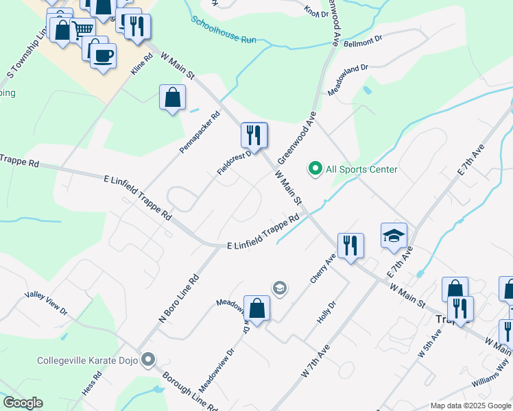 map of restaurants, bars, coffee shops, grocery stores, and more near 18 Springfield Drive in Collegeville