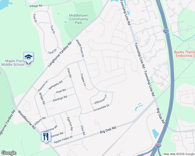 map of restaurants, bars, coffee shops, grocery stores, and more near 58 Dilworth Lane in Langhorne