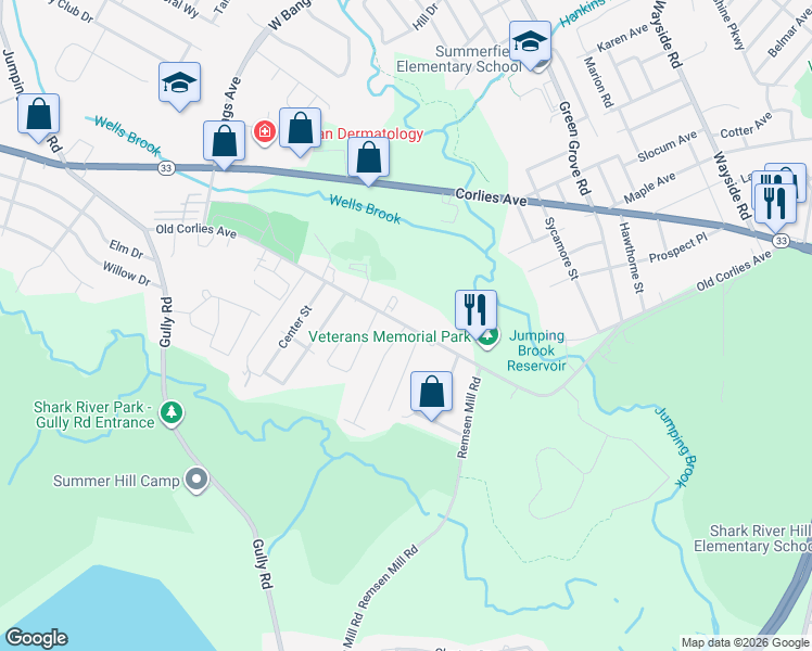 map of restaurants, bars, coffee shops, grocery stores, and more near Old Corlies Avenue in Neptune Township