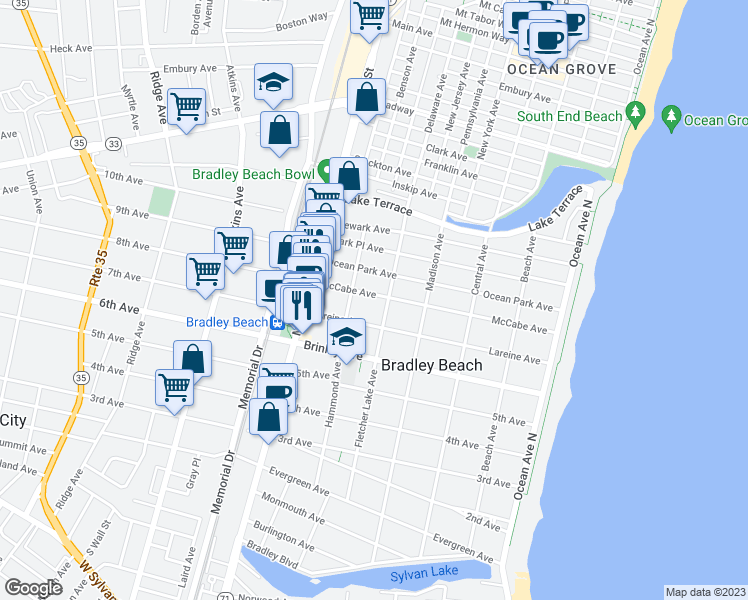 map of restaurants, bars, coffee shops, grocery stores, and more near 505 McCabe Avenue in Bradley Beach