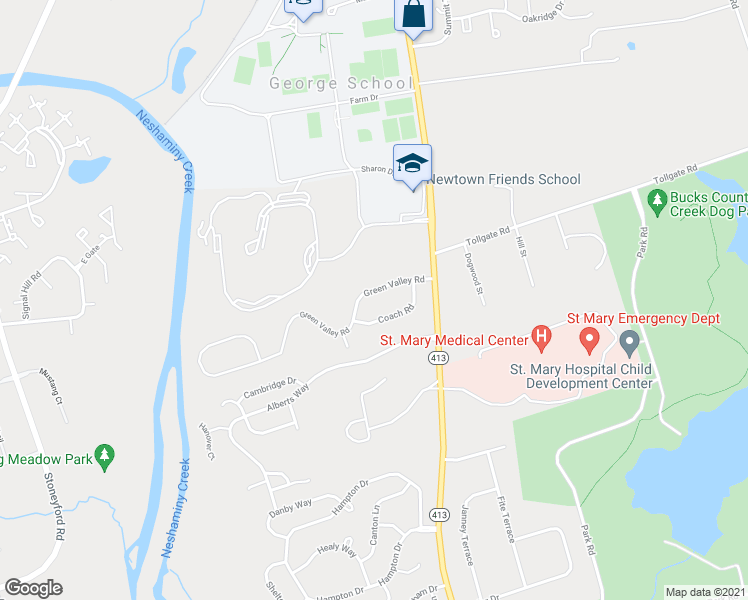 map of restaurants, bars, coffee shops, grocery stores, and more near 190 Green Valley Road in Langhorne