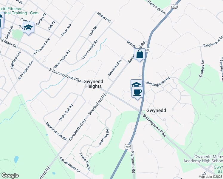 map of restaurants, bars, coffee shops, grocery stores, and more near 1100 Swedesford Road in North Wales