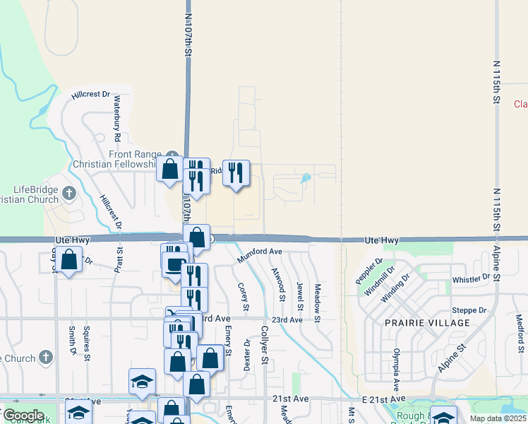 map of restaurants, bars, coffee shops, grocery stores, and more near Erfert Street in Longmont