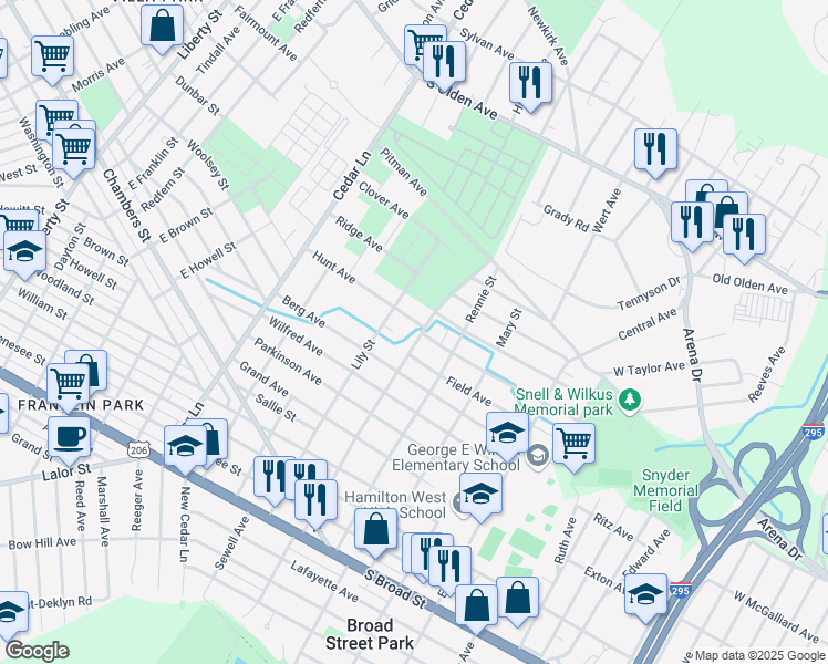 map of restaurants, bars, coffee shops, grocery stores, and more near 827 Lida Street in Trenton