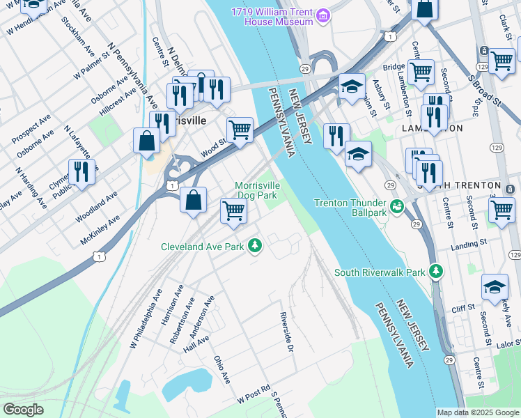 map of restaurants, bars, coffee shops, grocery stores, and more near 42 Riverview Avenue in Morrisville