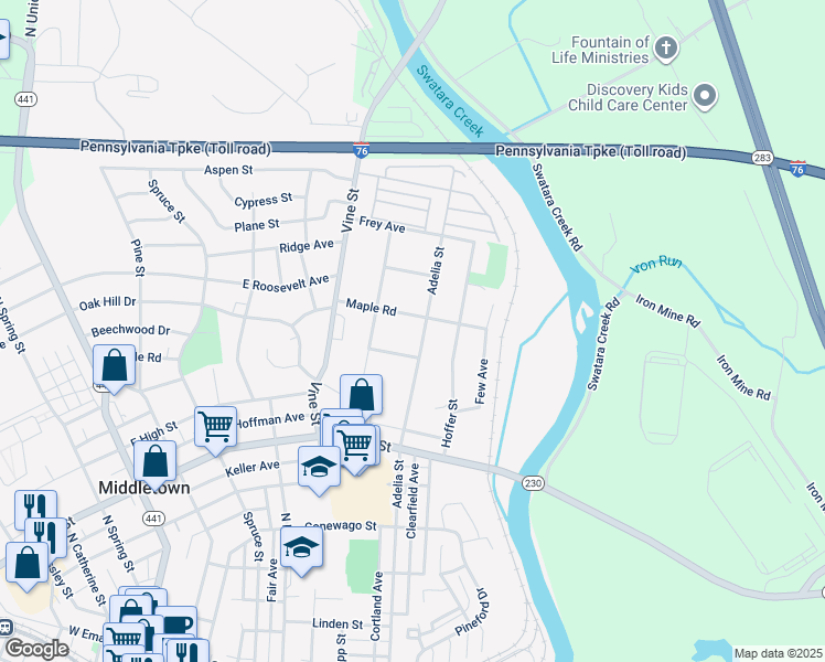 map of restaurants, bars, coffee shops, grocery stores, and more near 739 Adelia Street in Middletown