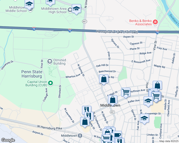 map of restaurants, bars, coffee shops, grocery stores, and more near 38 Wharton Avenue in Middletown