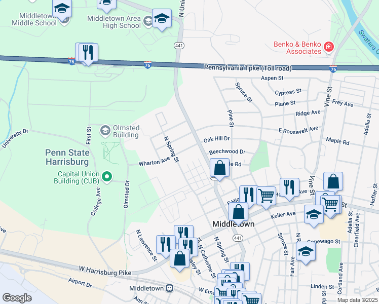 map of restaurants, bars, coffee shops, grocery stores, and more near 38 Wharton Avenue in Middletown