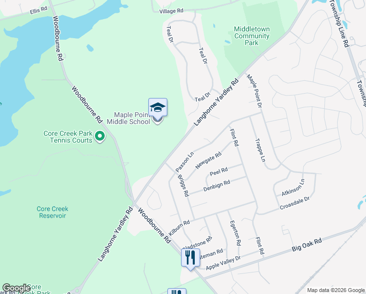 map of restaurants, bars, coffee shops, grocery stores, and more near 2235 Langhorne Yardley Road in Langhorne