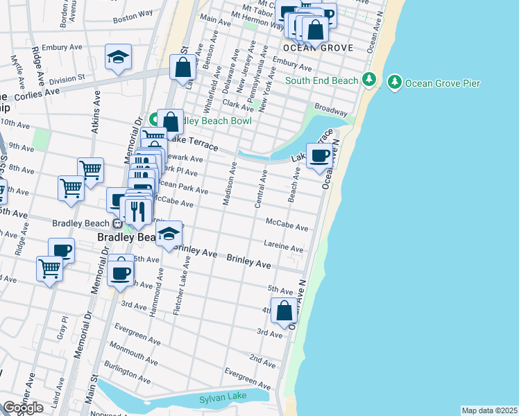 map of restaurants, bars, coffee shops, grocery stores, and more near 219 Ocean Park Avenue in Bradley Beach
