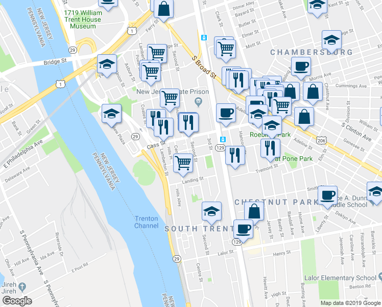 map of restaurants, bars, coffee shops, grocery stores, and more near 537 2nd Street in Trenton