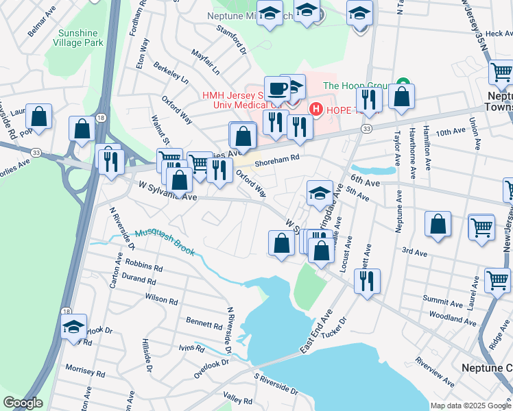 map of restaurants, bars, coffee shops, grocery stores, and more near 251 West Sylvania Avenue in Neptune City