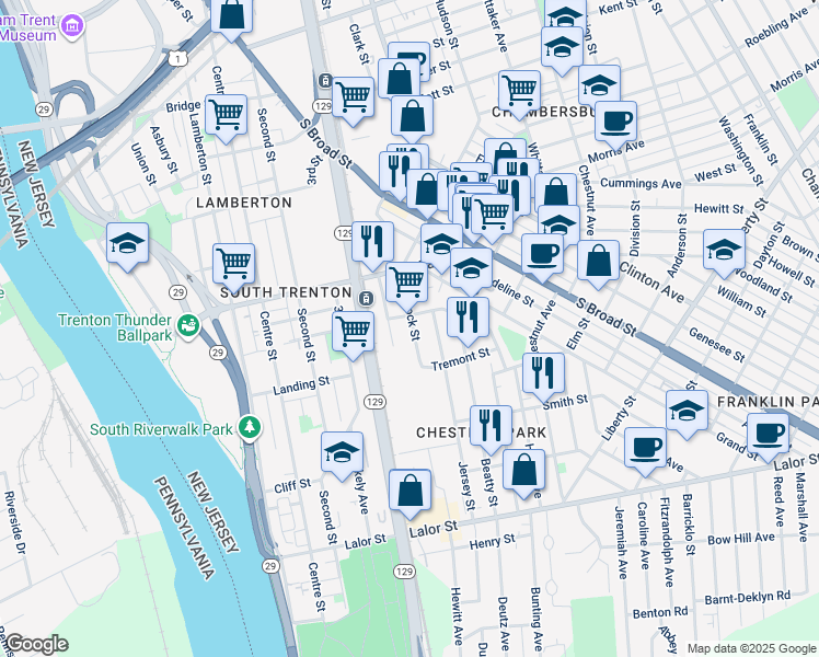 map of restaurants, bars, coffee shops, grocery stores, and more near 117 Hancock Street in Trenton
