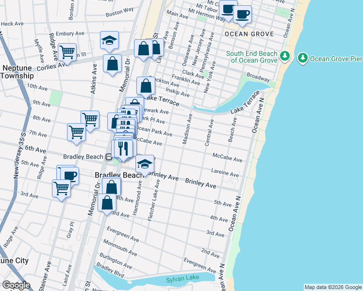 map of restaurants, bars, coffee shops, grocery stores, and more near 408 McCabe Avenue in Bradley Beach