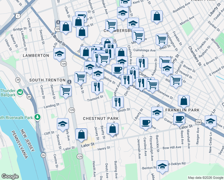 map of restaurants, bars, coffee shops, grocery stores, and more near 251 Grand Street in Trenton