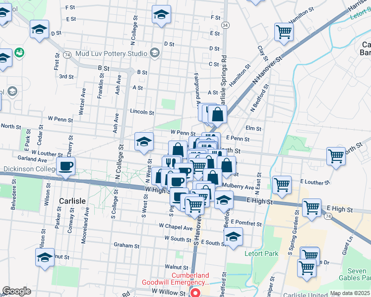 map of restaurants, bars, coffee shops, grocery stores, and more near 46 West North Street in Carlisle