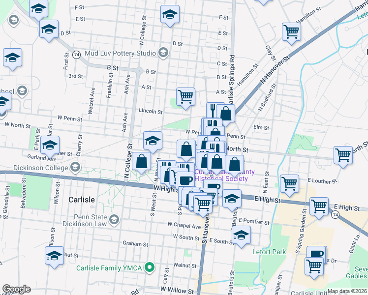 map of restaurants, bars, coffee shops, grocery stores, and more near 152 N Pitt St in Carlisle