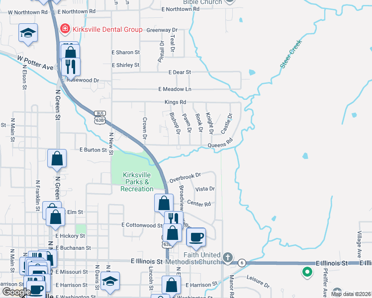 map of restaurants, bars, coffee shops, grocery stores, and more near 1290-1402 Queens Road in Kirksville