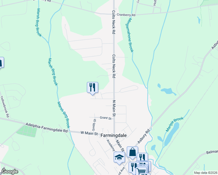 map of restaurants, bars, coffee shops, grocery stores, and more near 12 Starlight Road in Farmingdale