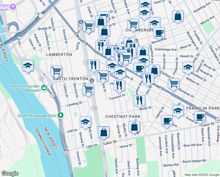 map of restaurants, bars, coffee shops, grocery stores, and more near 27 Jersey Street in Trenton