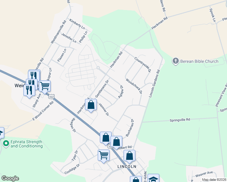 map of restaurants, bars, coffee shops, grocery stores, and more near 38 Perseverance Ln in Ephrata