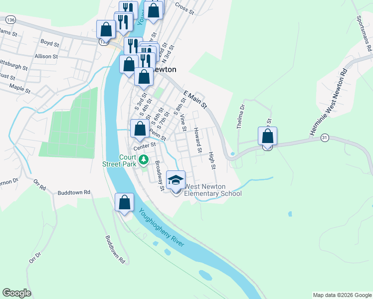 map of restaurants, bars, coffee shops, grocery stores, and more near 1016 Vine Street in West Newton