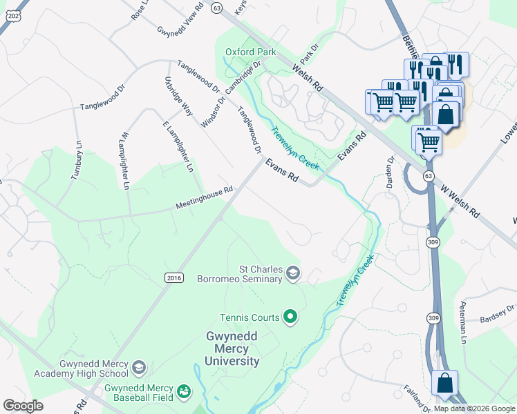 map of restaurants, bars, coffee shops, grocery stores, and more near 1340 East Meetinghouse Road in Montgomery County
