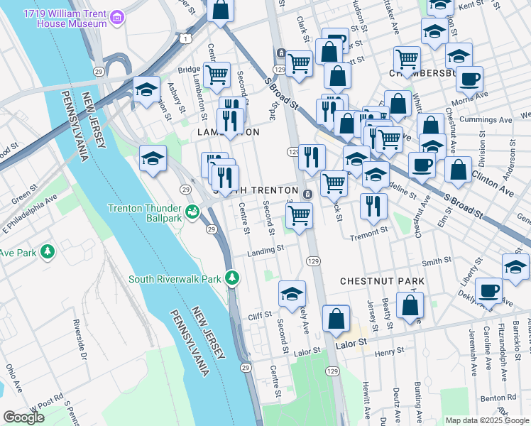 map of restaurants, bars, coffee shops, grocery stores, and more near 537 Second Street in Trenton