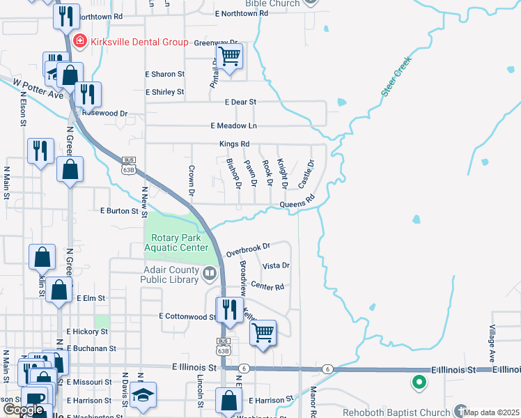 map of restaurants, bars, coffee shops, grocery stores, and more near 1290 Queens Road in Kirksville