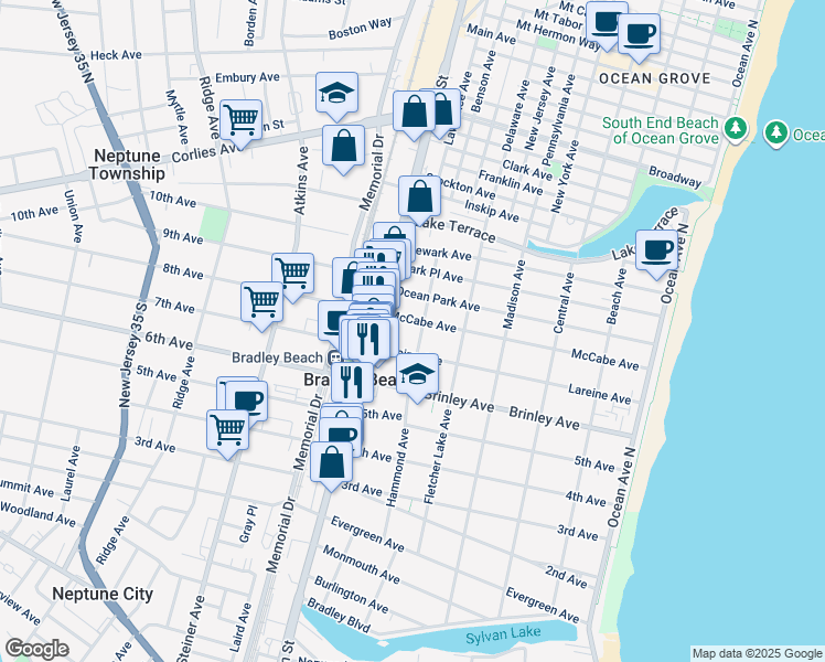 map of restaurants, bars, coffee shops, grocery stores, and more near 603 McCabe Avenue in Bradley Beach