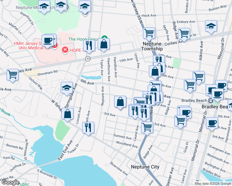 map of restaurants, bars, coffee shops, grocery stores, and more near 144 5th Avenue in Neptune City
