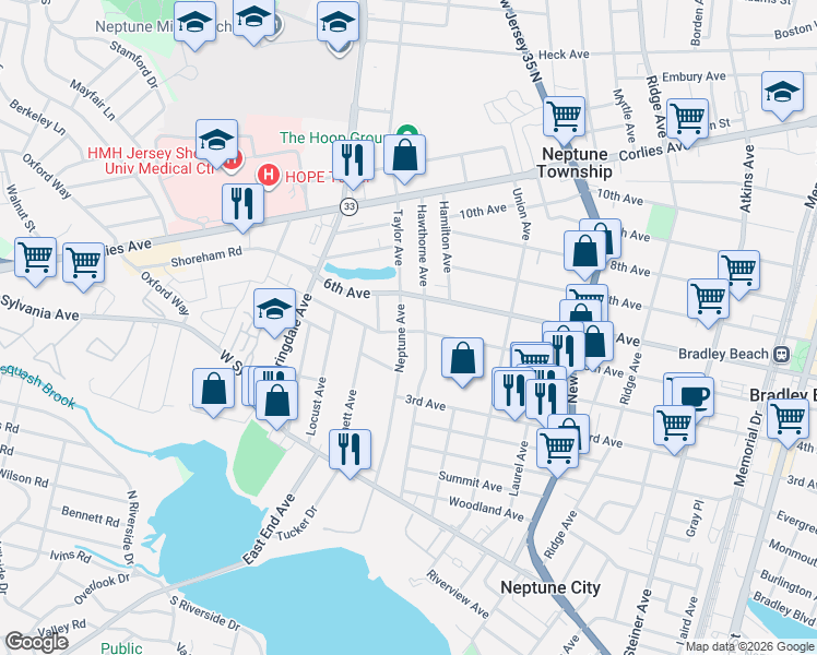 map of restaurants, bars, coffee shops, grocery stores, and more near 117 Neptune Avenue in Neptune City