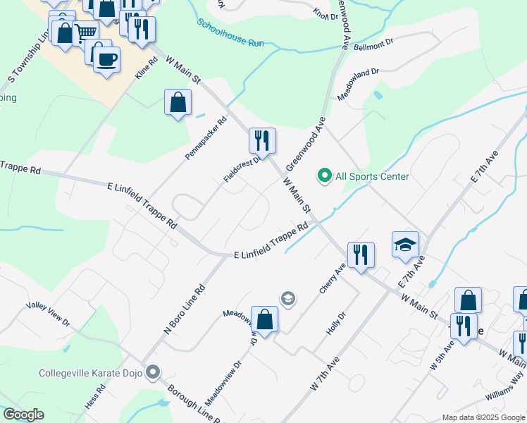 map of restaurants, bars, coffee shops, grocery stores, and more near 18 Springfield Drive in Collegeville