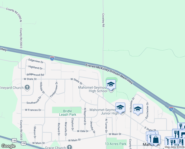 map of restaurants, bars, coffee shops, grocery stores, and more near 905 Cedar Ridge Court in Mahomet
