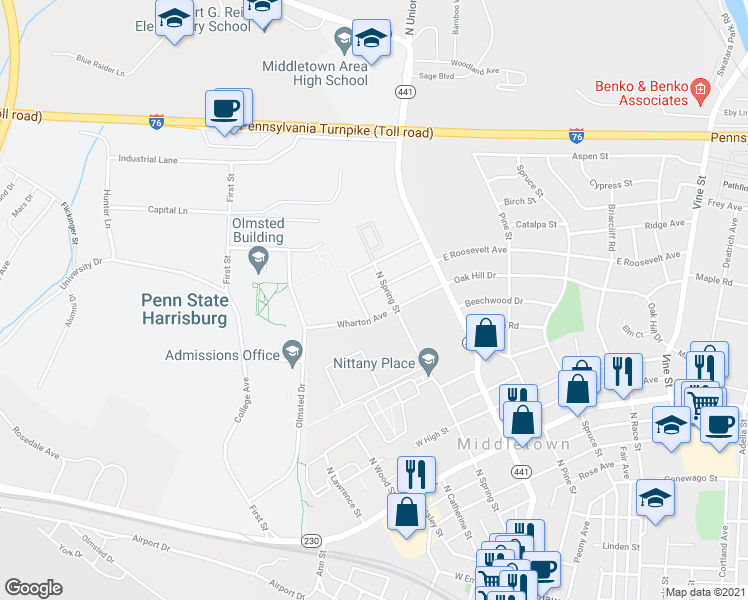 map of restaurants, bars, coffee shops, grocery stores, and more near 116 West Roosevelt Avenue in Middletown