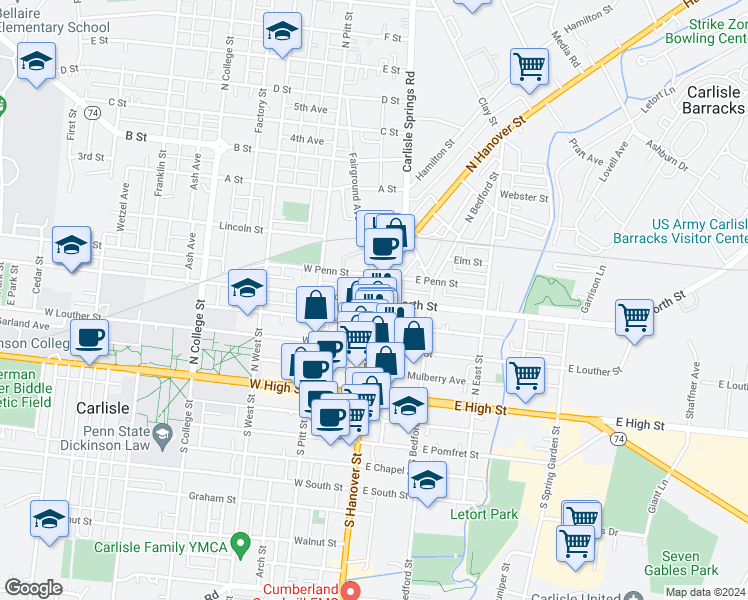 map of restaurants, bars, coffee shops, grocery stores, and more near E North St & PA-34 in Carlisle