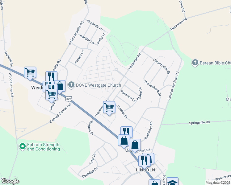 map of restaurants, bars, coffee shops, grocery stores, and more near 39 Gentleness Drive in Ephrata