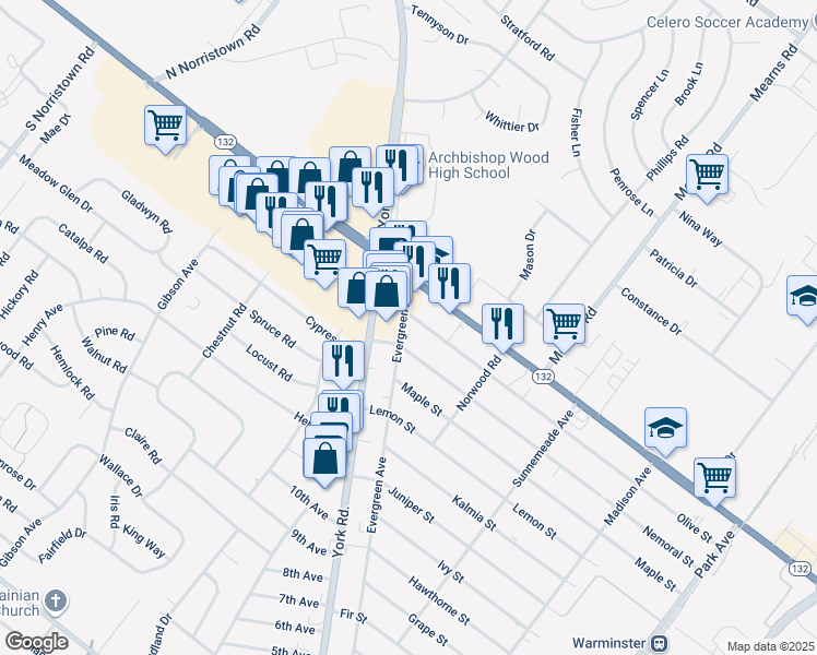 map of restaurants, bars, coffee shops, grocery stores, and more near 555 Evergreen Avenue in Warminster